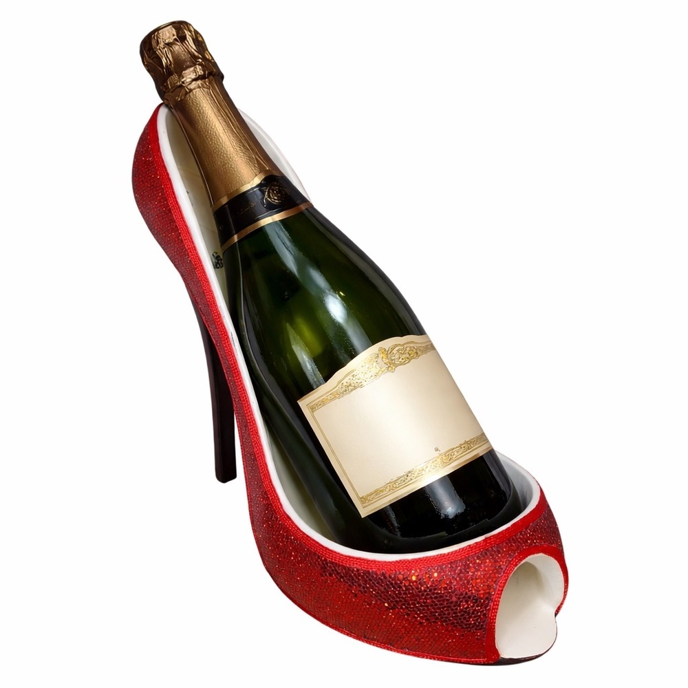 WILD EYE DESIGNS 6” High Heel Stiletto Wine Bottle Holder Red Glitter & Black